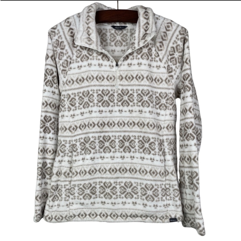 Eddie Bauer White & Gray Fair Isle Fleece Quarter Zip Pullover (L)